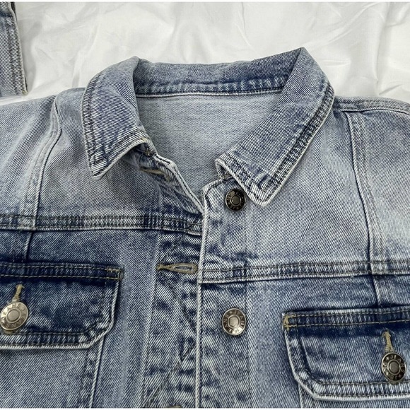 Women's Jean Jacket Long Sleeve Fitted Distressed Fray Hem Size M - Picture 5 of 7